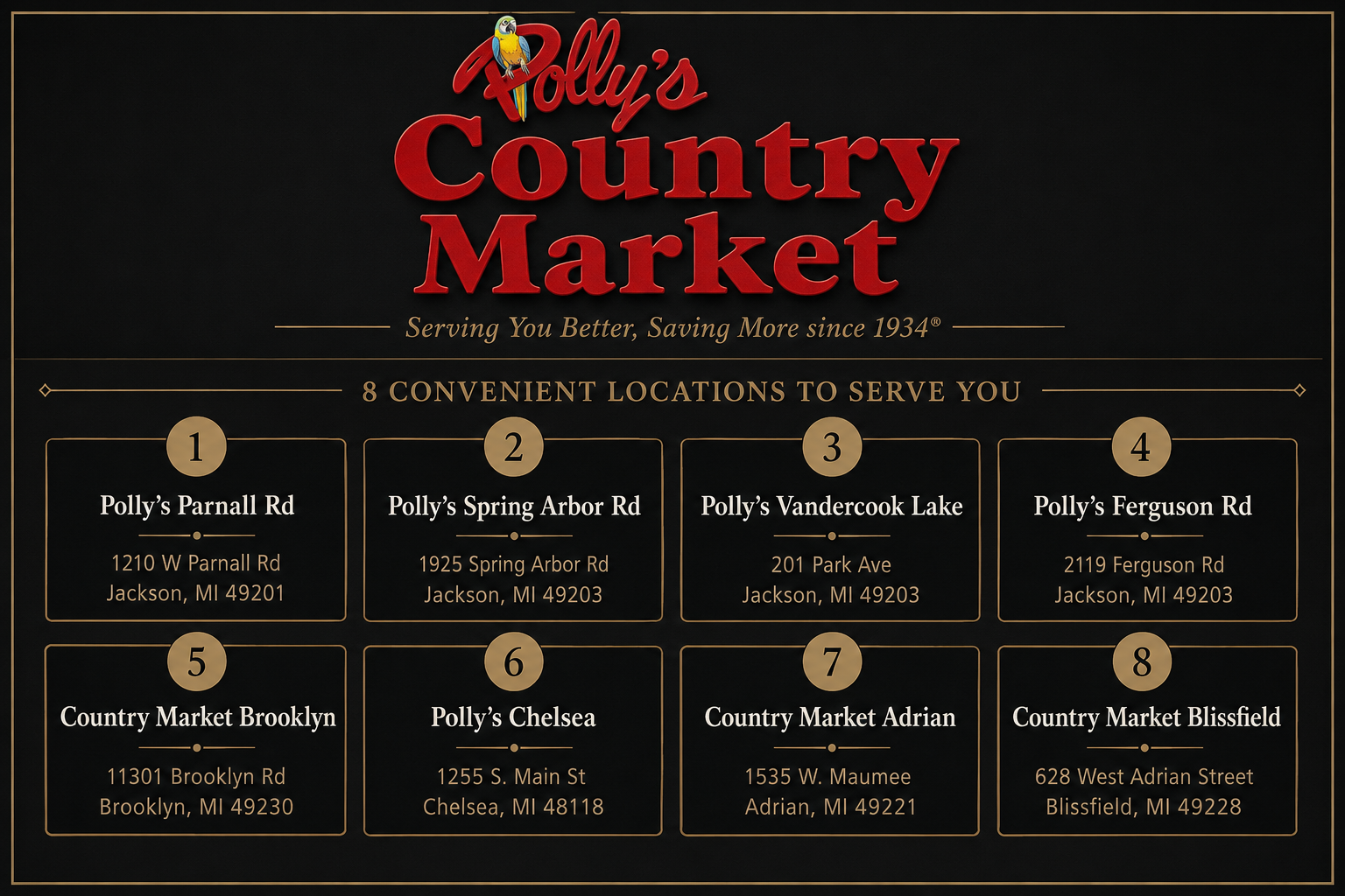 Polly's Country Market: 8 locations across Jackson, Brooklyn, Chelsea, Adrian, and Blissfield, Michigan.